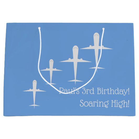 高いパーソナライズされた飛行機のアート、ブルーの高騰 ラージペーパーバッグ (正面)