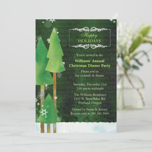 高い冬の木の緑のクリスマスのディナー・パーティ 招待状 (スタンド正面)