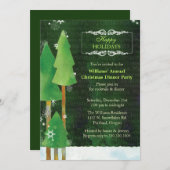 高い冬の木の緑のクリスマスのディナー・パーティ 招待状 (正面/裏面)