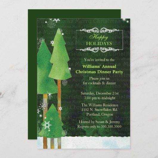 高い冬の木の緑のクリスマスのディナー・パーティ 招待状 (正面/裏面)