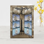 高い船が付いているバースデー・カード、Caravel、Sloop カード (黄色い花)