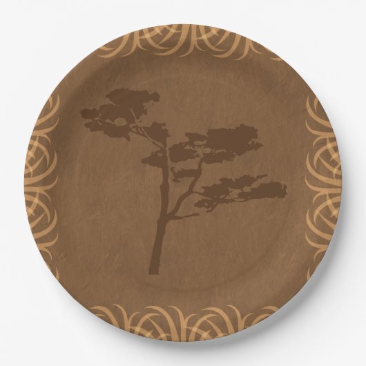 高い草のボーダーを持つサファリのテーマのアカシア ペーパープレート (正面)
