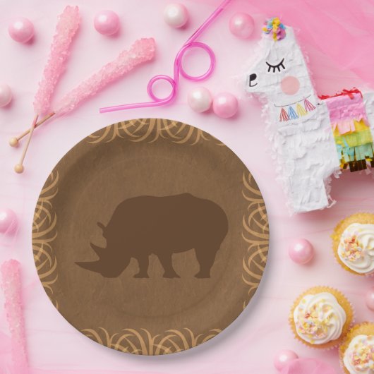 高い草のボーダーを持つサファリのテーマのサイ ペーパープレート (パーティー)