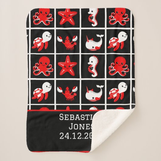 高コントラストベビー感覚パターン赤白ブラック シェルパブランケット (正面)