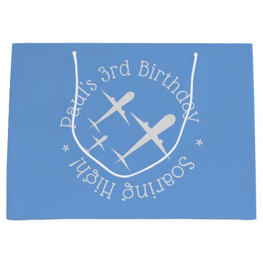 高パーソナライズされたく舞い上がる青いおもしろい飛行機 ラージペーパーバッグ (正面)