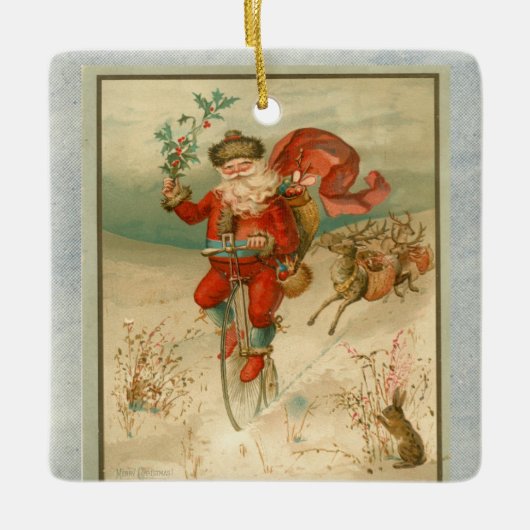 高ビクトリアン輪自転車のサンタクロース セラミックオーナメント (正面)