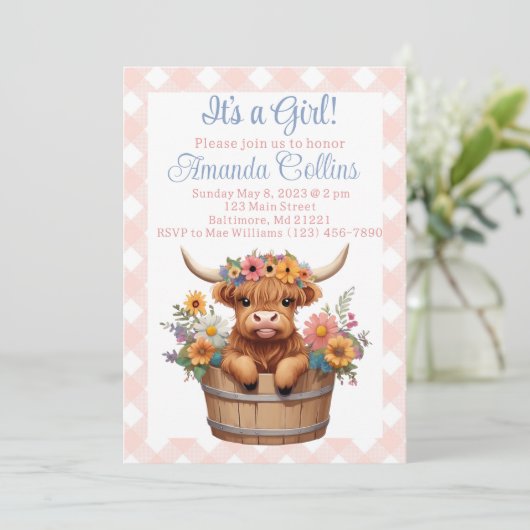 高地の牛のフローラ素朴な赤ちゃんシャワー 招待状 (スタンド正面)