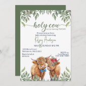 高地の牛の緑の双子の赤ちゃんシャワー 招待状 (正面/裏面)