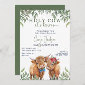高地の牛の緑の双子の赤ちゃんシャワー 招待状 (正面/裏面)