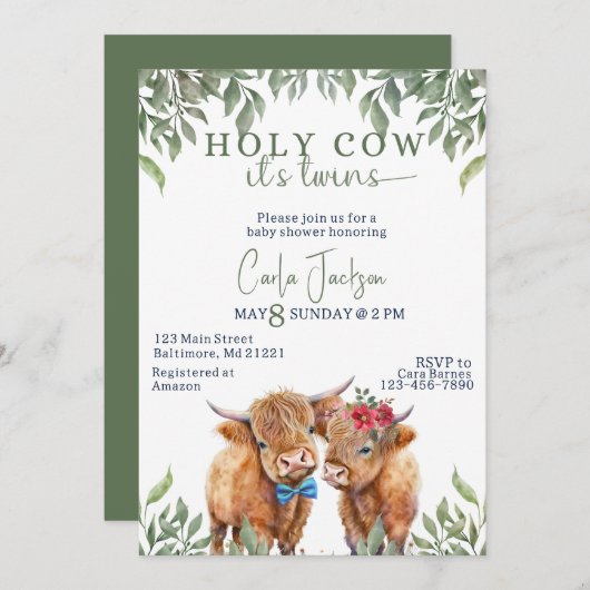 高地の牛の緑の双子の赤ちゃんシャワー 招待状 (正面/裏面)