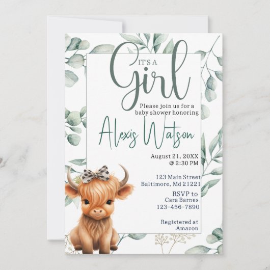 高地の牛の緑の赤ちゃんシャワー 招待状 (正面)