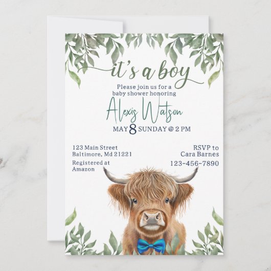 高地の牛の緑の赤ちゃんシャワー 招待状 (正面)