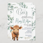 高地の牛の緑の赤ちゃんシャワー 招待状 (正面/裏面)