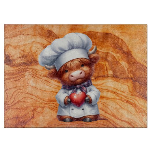 高地の牛シェフとティキのテクスチャードグラス カッティングボード (正面)