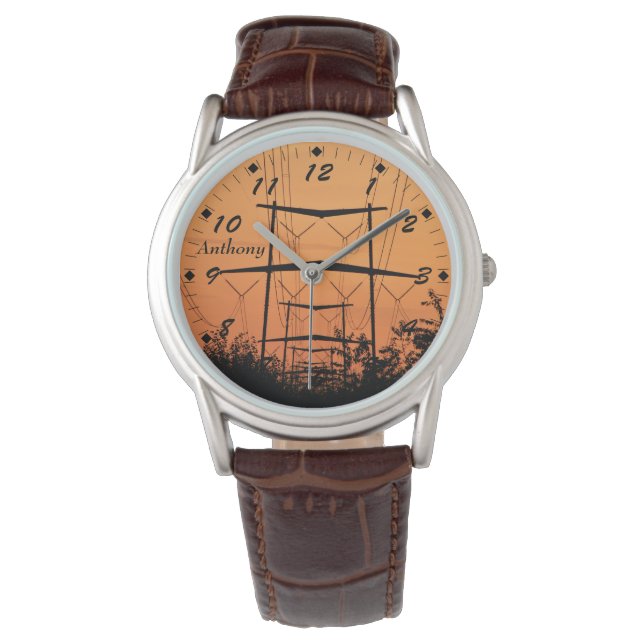 高張力の電源ライン上の柔らかいオレンジ色の夕日 腕時計 (正面)