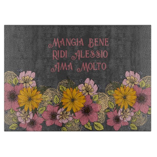 高揚イタリアン引用文と鮮やか花模様 カッティングボード (正面)