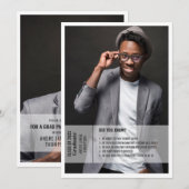 高校や大学の卒業を2枚の写真でお知らせする、楽しい事実を添えたパーティー招待状 招待状 (正面/裏面)