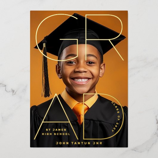 高校モダン卒業写真金ゴールド発表 箔招待状 (正面)