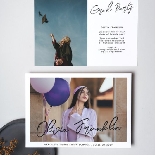 高校モダン文字写真卒業パーティー 招待状