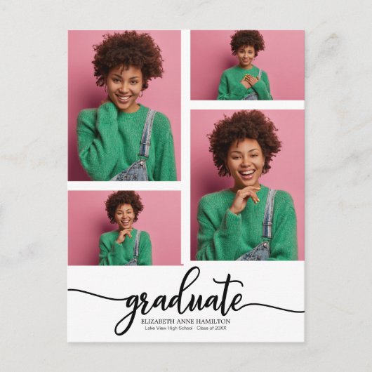高校卒業のお知らせ 4枚の写真 ポストカード (正面)