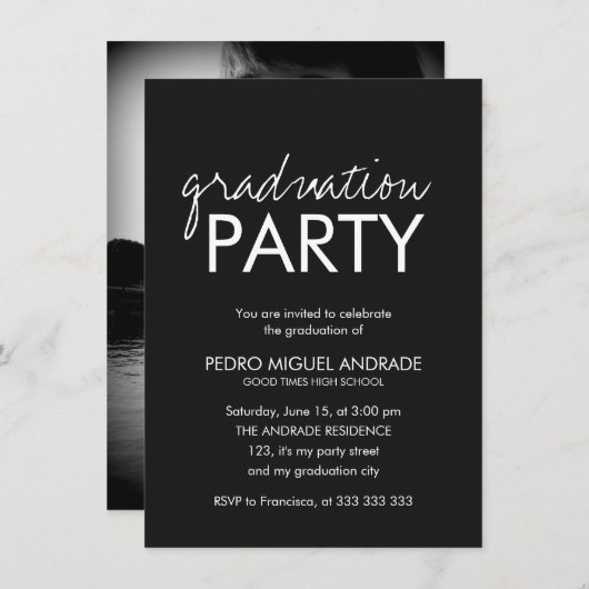 高校卒業パーティーの写真(白黒) 招待状 (正面/裏面)