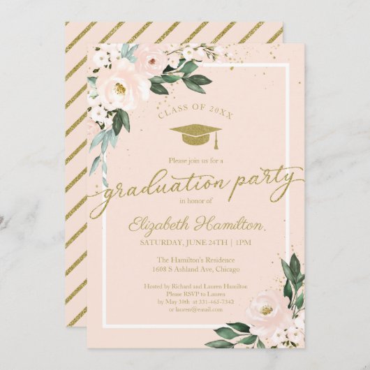 高校卒業パーティーピンク赤面フローラ 招待状 (正面/裏面)