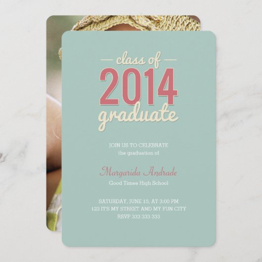 高校卒業パーティー写真ミントピンク2014 招待状 (正面/裏面)