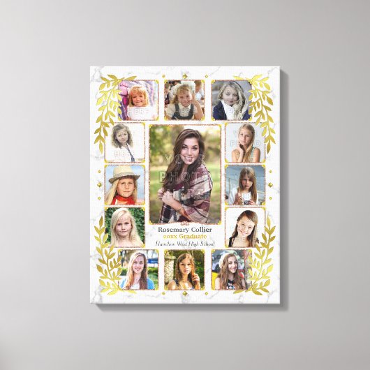 高校卒業写真コラージュ |大理石金ゴールド キャンバスプリント (正面)