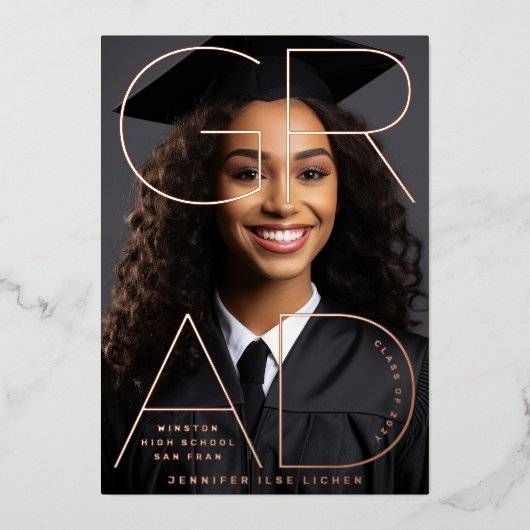 高校卒業実在バラ金箔の発表 箔招待状 (正面)