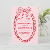高校手描きイラストのピンクと赤の卒業証書 招待状 (スタンド正面)