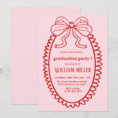 高校手描きイラストのピンクと赤の卒業証書 招待状 (正面/裏面)