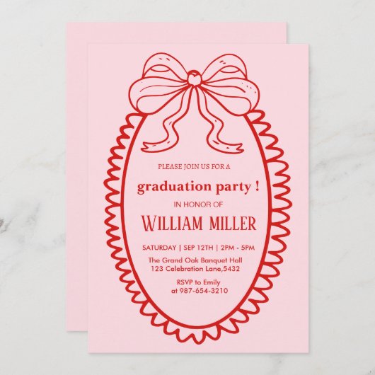 高校手描きイラストのピンクと赤の卒業 招待状 (正面/裏面)