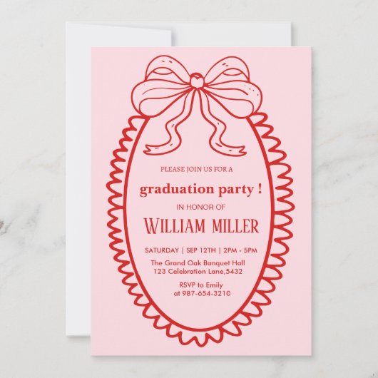 高校手描きイラストピンク＆レッド卒業 招待状 (正面)
