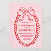 高校手描きイラストピンク＆レッド卒業 招待状 (正面/裏面)