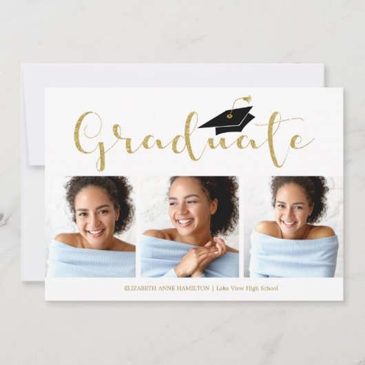 高校3年生フォト金ゴールドグリッター書 案内状 (正面)