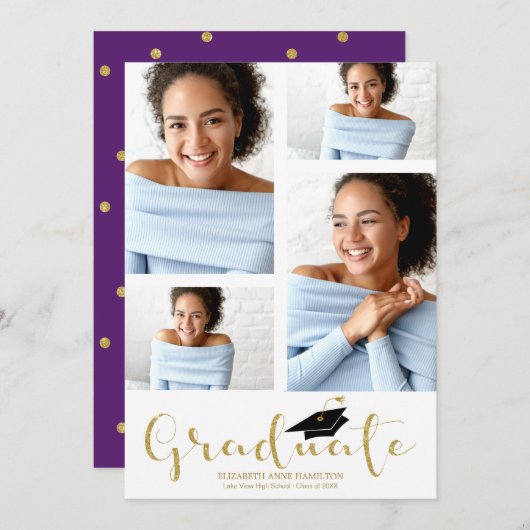 高校4号写真金ゴールドグリッター卒業発表 案内状 (正面/裏面)