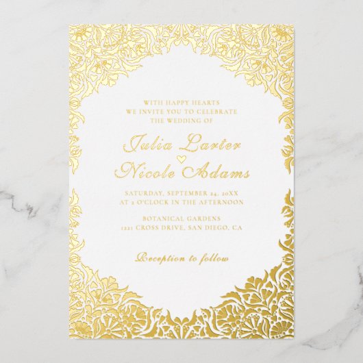 高級お洒落アイボリーフローラ縁どスタイル結婚s 箔招待状 (正面)