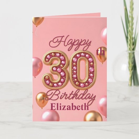 高級きらめく金ゴールドとピンク30歳の誕生日 カード (正面)