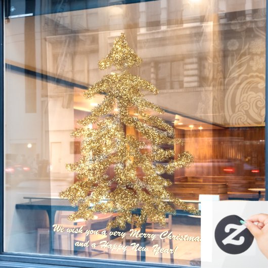 高級きらめく金ゴールドウォーターカラークリスマスツリー ウィンドウサイン (カフェ窓)