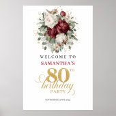 高級な深紅の花の80歳の誕生日ウェルカムサイン ポスター (正面)