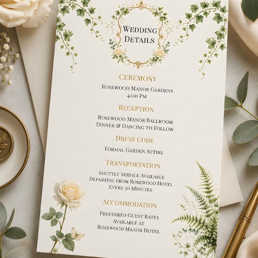 高級な秘密の庭の結婚式詳細カード