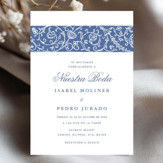 高級な花柄の青いNuestra Boda スペインの結婚式 招待状