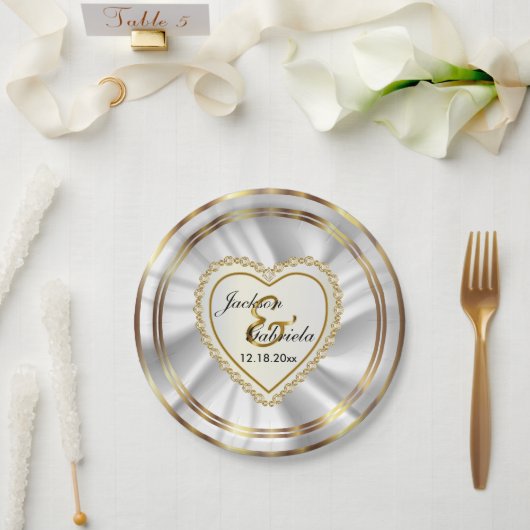 高級な金ゴールドとサテン・ホワイ結婚トのまたは記念日 ペーパープレート (ウェディング)