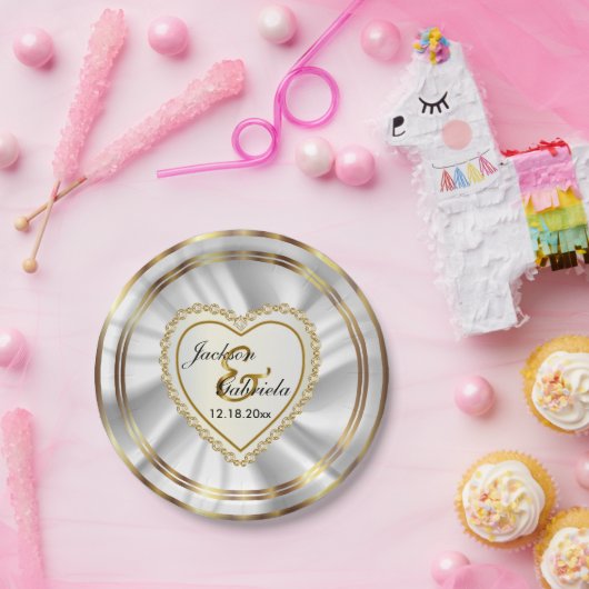 高級な金ゴールドとサテン・ホワイ結婚トのまたは記念日 ペーパープレート (パーティー)