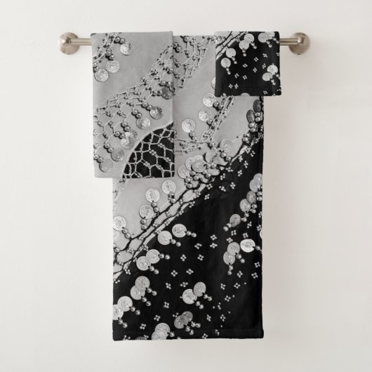 高級な黒と銀のジプシーコインスカーフ バスタオルセット (インサイチュ)