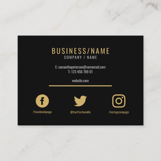 高級はっきりしたブラックと金ゴールドのソーシャルメディアのアイコン 名刺 (正面)