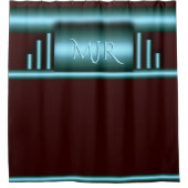 高級アートデコブルーとマルーンのモノグラム シャワーカーテン (正面)
