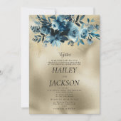 高級インジゴ金ゴールド植物花束フローラ結婚ズ 招待状 (正面)