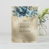 高級インジゴ金ゴールド植物花束フローラ結婚ズ 招待状 (スタンド正面)