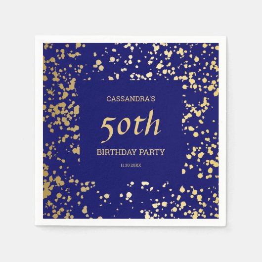 高級エジプト金ゴールドスプリンクラーズネイビーブルー誕生日 スタンダードカクテルナプキン (正面)